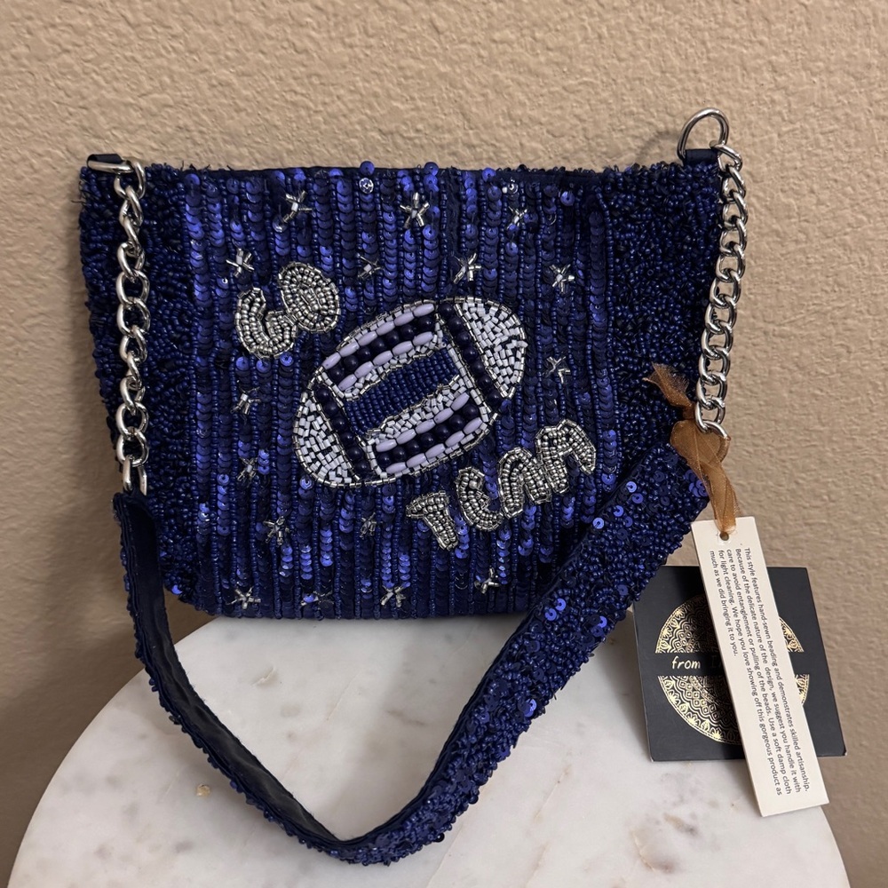 NWT Women Handmade in India Blue beaded bag Football Go Team shoulder bag